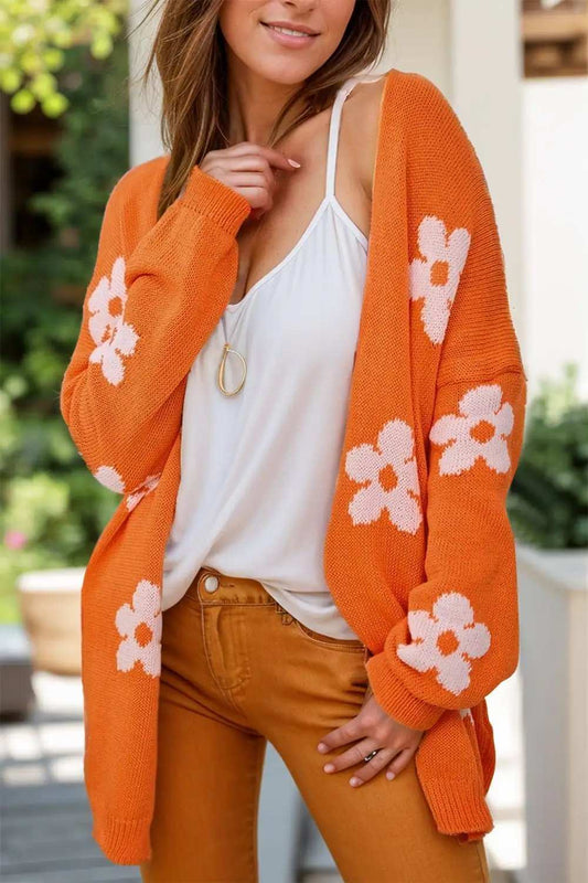 Flower Open Front Long Sleeve Cardigan - Trendsi - Flyclothing LLC