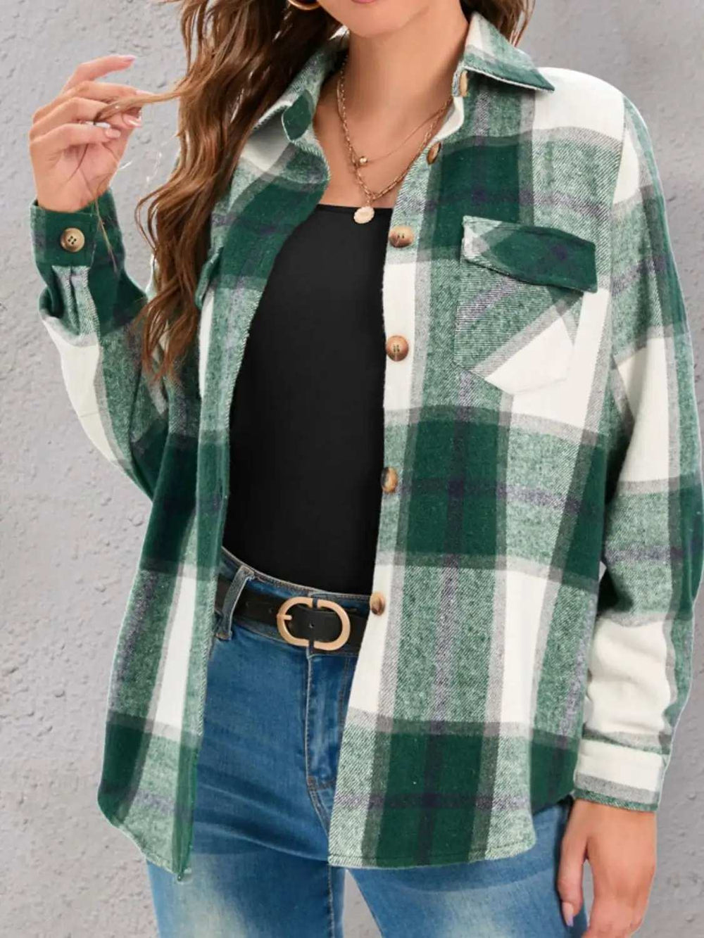 Full Size Pocketed Plaid Collared Neck Shacket - Trendsi - Flyclothing LLC