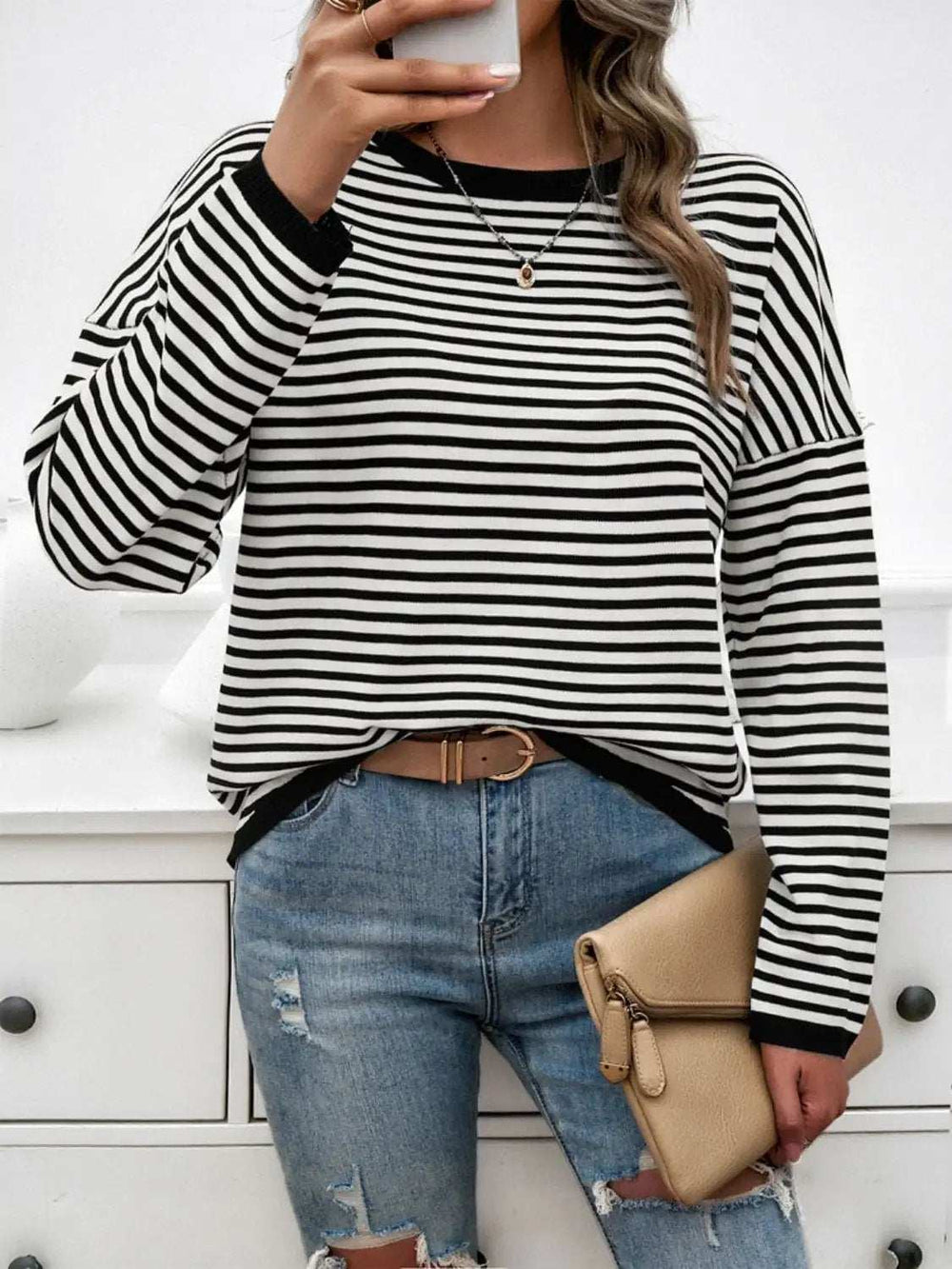 Striped Round Neck Dropped Shoulder Sweater - Trendsi - Flyclothing LLC