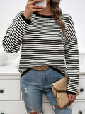 Striped Round Neck Dropped Shoulder Sweater - Trendsi - Flyclothing LLC
