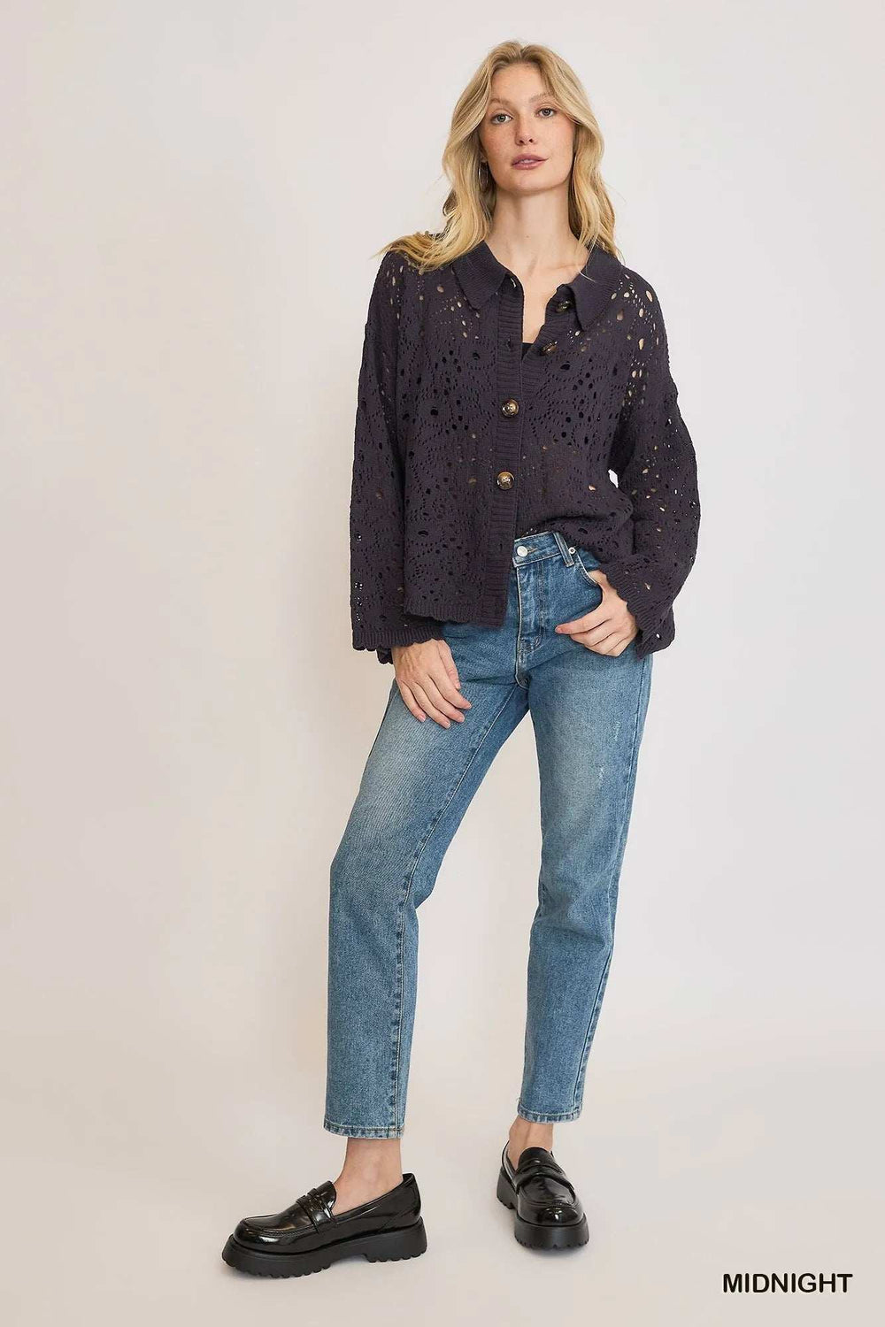 Umgee Hollow Out Button Down Cardigan - Trendsi - Flyclothing LLC