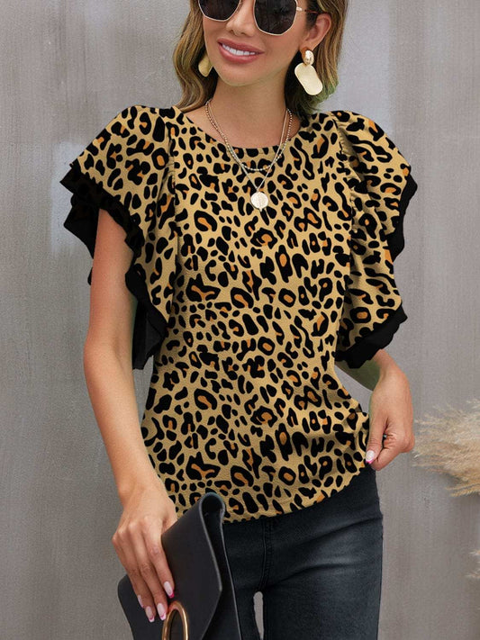 Leopard Round Neck Flounce Sleeve Blouse - Trendsi - Flyclothing LLC