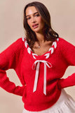 SO ME Satin Tape Braided Ribbon Tie V Neck Sweater - Trendsi - Flyclothing LLC