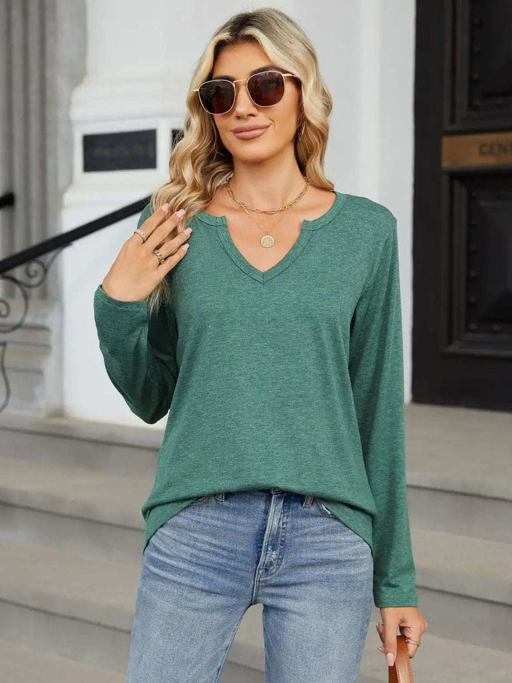 Notched Long Sleeve T-Shirt - Trendsi - Flyclothing LLC