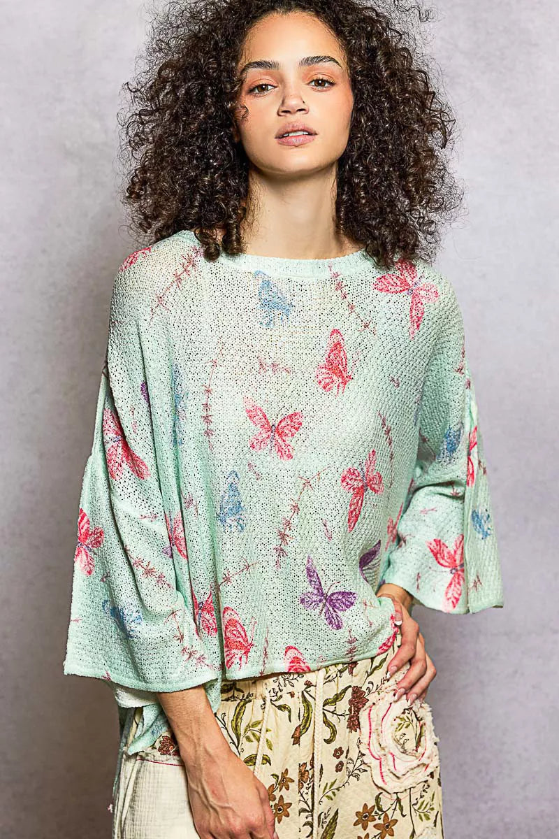 POL Butterflies Pattern Round Neck knit Top with Outseam Rolling Edge - Trendsi - Flyclothing LLC