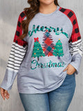 Plus Size Christmas Tree Plaid Round Neck Long Sleeve T-Shirt - Trendsi - Flyclothing LLC