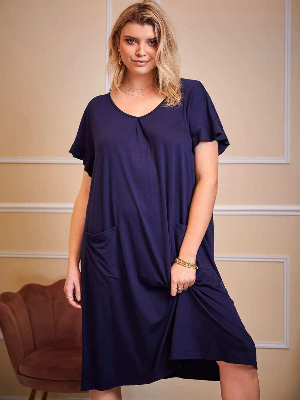 Plus Size Round Neck Short Sleeve Lounge Dress - Trendsi - Flyclothing LLC
