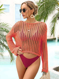 Long Sleeve Round Neck Openwork Cover-Up - Trendsi - Flyclothing LLC