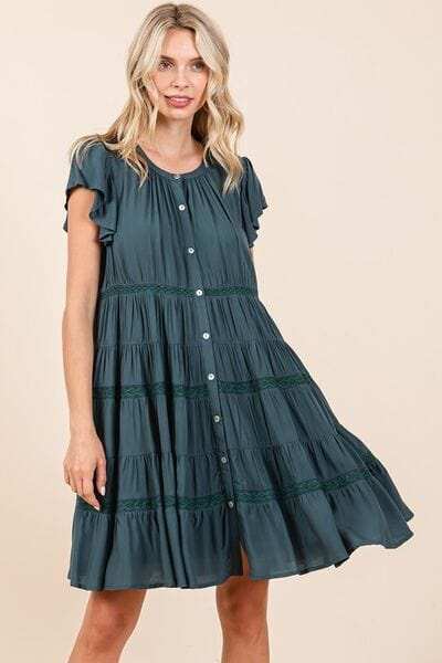 Mittoshop Lace Detail Ruffled Button Down Tiered Dress - Trendsi - Flyclothing LLC