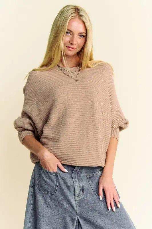 Davi & Dani Round Neck Batwing Sleeve Sweater - Trendsi - Flyclothing LLC