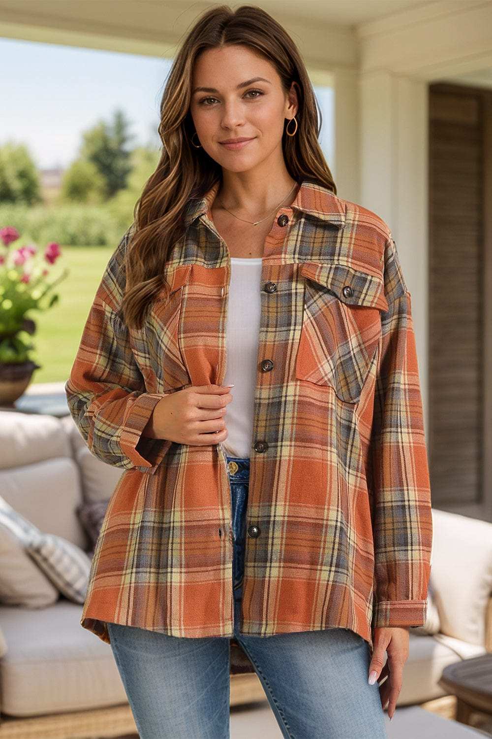 Plaid Collared Neck Long Sleeve Shirt with Chest Pockets - Trendsi - Flyclothing LLC