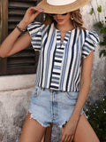 Contrast Striped Notched Ruffled Cap Sleeve Blouse - Trendsi - Flyclothing LLC