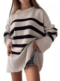 Side Slit Striped Oversized Knit Sweater - Trendsi - Flyclothing LLC