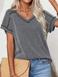 Exposed Seam V-Neck Short Sleeve Top - Trendsi - Flyclothing LLC