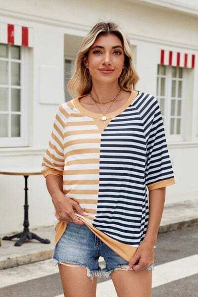Striped Round Neck Half Sleeve T-Shirt - Trendsi - Flyclothing LLC