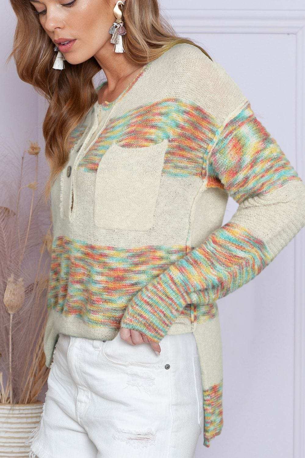 Contrast Half Button Long Sleeve Sweater - Trendsi - Flyclothing LLC