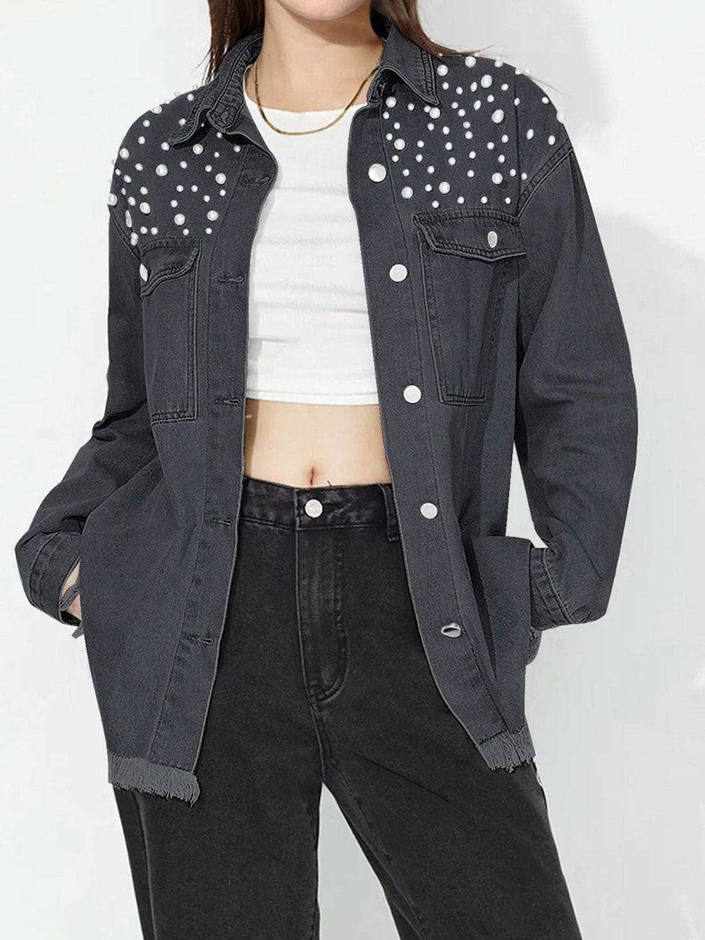 Raw Hem Pearl Trim Collared Neck Denim Top - Trendsi - Flyclothing LLC