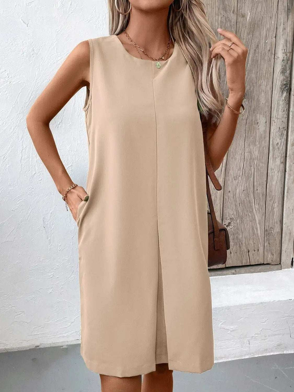 Pocketed Round Neck Sleeveless Mini Dress - Trendsi - Flyclothing LLC