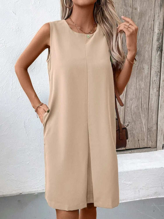 Pocketed Round Neck Sleeveless Mini Dress - Trendsi - Flyclothing LLC