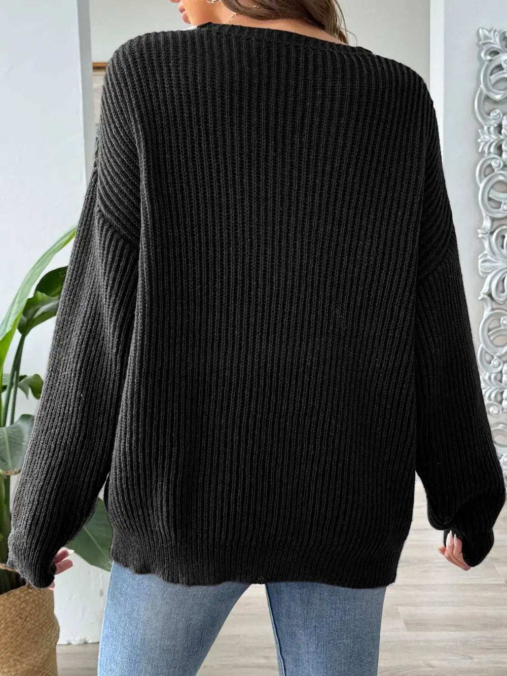 Contrast Dropped Shoulder Long Sleeve Sweater - Trendsi - Flyclothing LLC