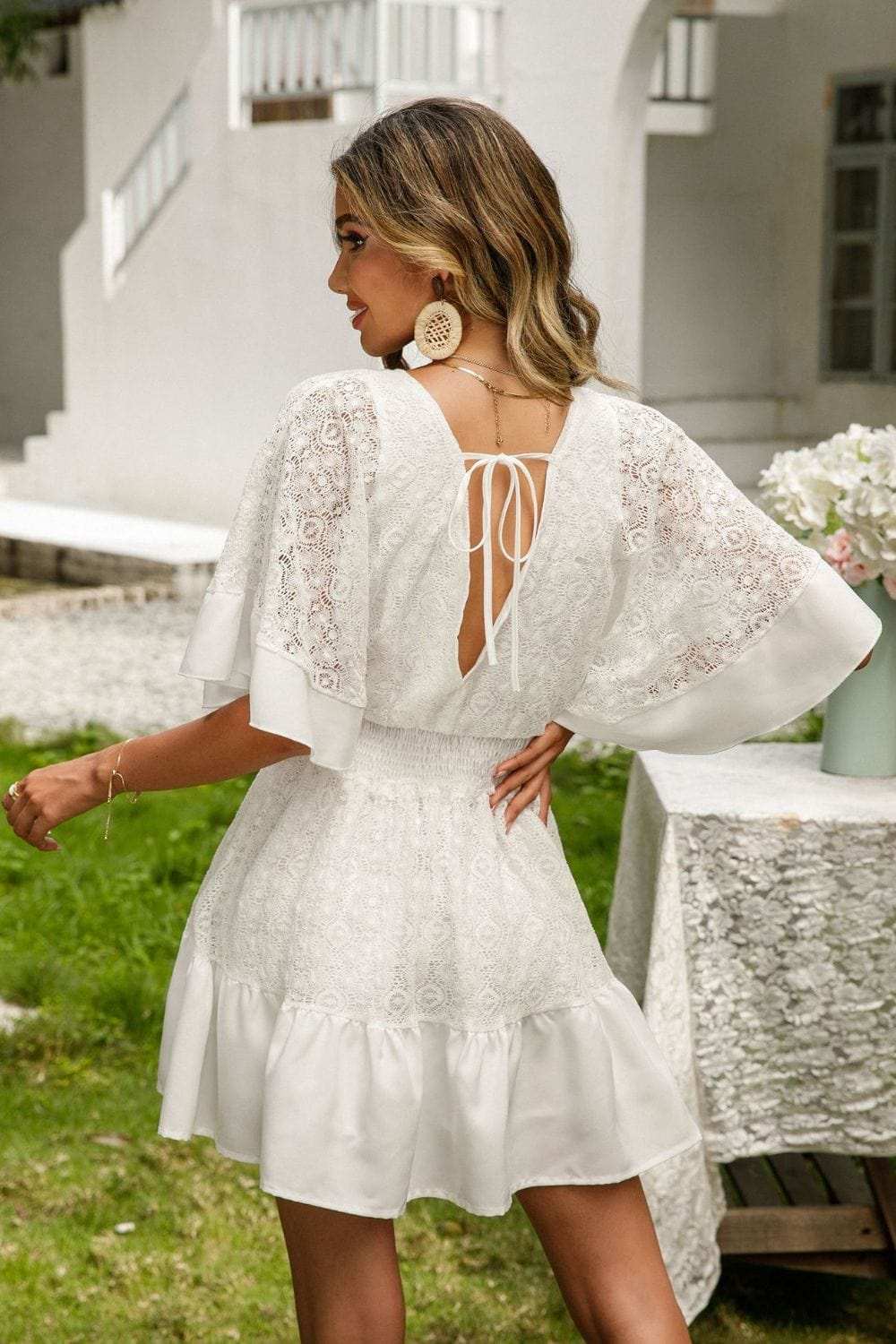 Lace Cutout Surplice Half Sleeve Dress - Trendsi - Flyclothing LLC
