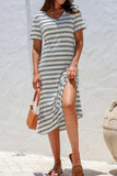 Casual Striped V-Neck Midi T-Shirt Dress - Trendsi - Flyclothing LLC