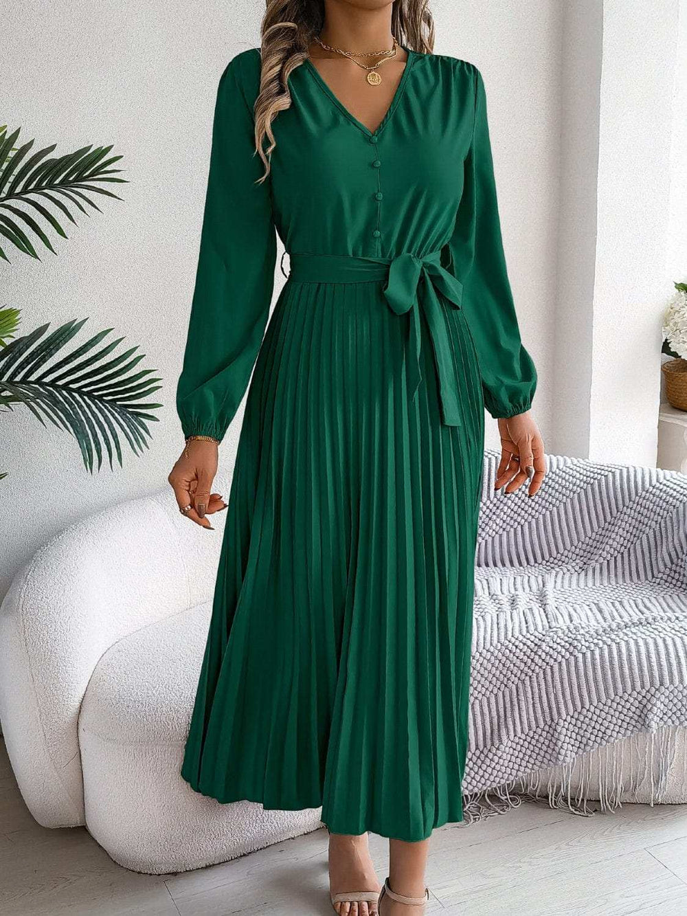 Pleated Tied V-Neck Long Sleeve Dress - Trendsi - Flyclothing LLC