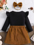Children's Ribbed Top and Bow Skirt Set with Headband - Trendsi - Flyclothing LLC