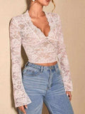 V-Neck Flare Sleeve Lace Top - Trendsi - Flyclothing LLC