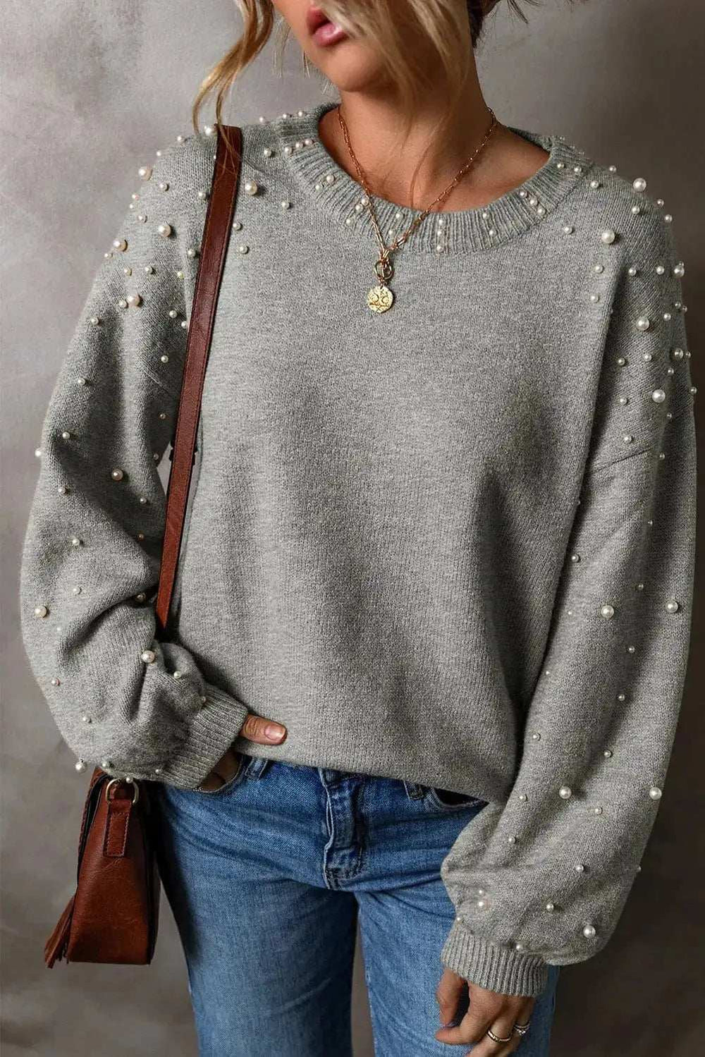 Pearl Detail Round Neck Long Sleeve Sweater - Trendsi - Flyclothing LLC