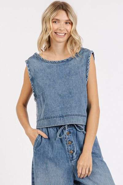 Mittoshop Washed Denim Distressed Detail Crop Tank - Trendsi - Flyclothing LLC