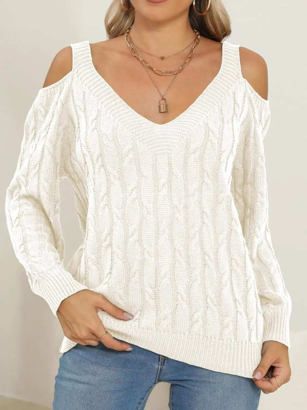 Cable-Knit V-Neck Long Sleeve Sweater - Trendsi - Flyclothing LLC