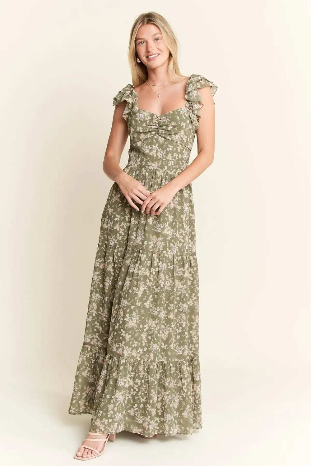Jade By Jane Ruffle Sleeve Tiered Maxi Dress - Trendsi - Flyclothing LLC