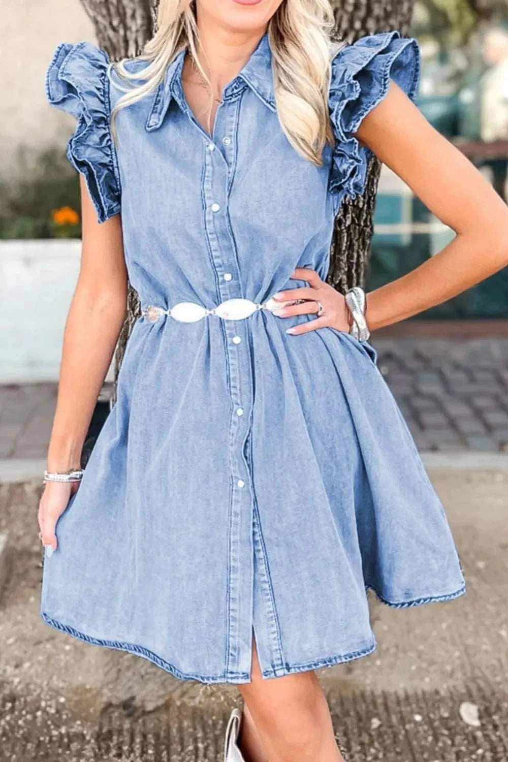 Ruffled Button Front Cap Sleeve Denim Dress - Trendsi - Flyclothing LLC