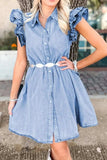 Ruffled Button Front Cap Sleeve Denim Dress - Trendsi - Flyclothing LLC