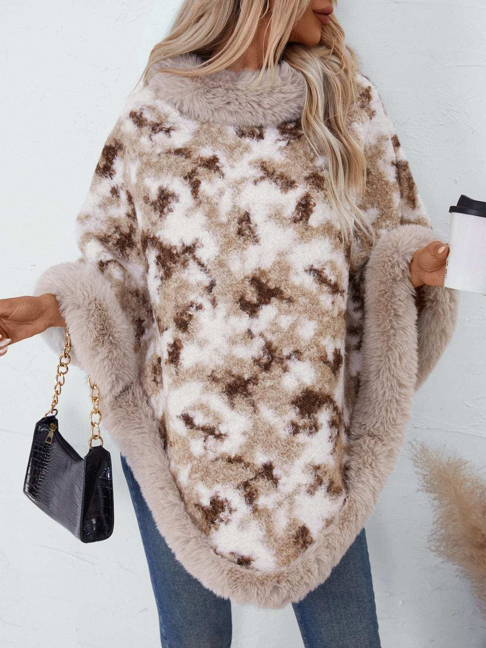 Furry Contrast Three-Quarter Poncho - Trendsi - Flyclothing LLC