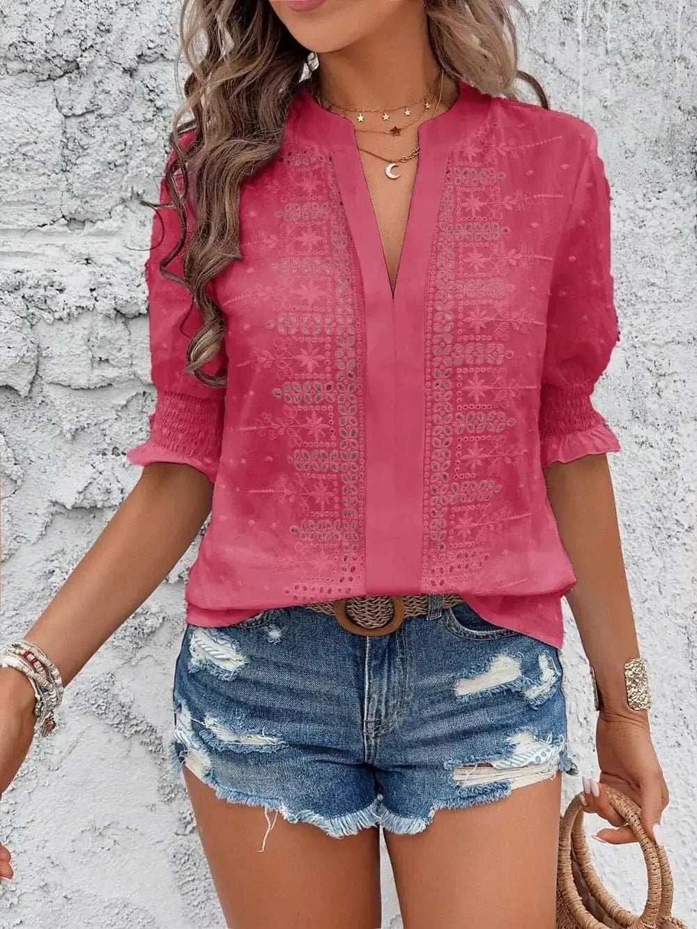 Eyelet Notched Flounce Sleeve Blouse - Trendsi - Flyclothing LLC