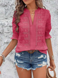 Eyelet Notched Flounce Sleeve Blouse - Trendsi - Flyclothing LLC