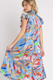 Umgee Full Size Leaf Print Double Layered Ruffle Sleeve Tiered Midi Dress Plus Size - Trendsi - Flyclothing LLC