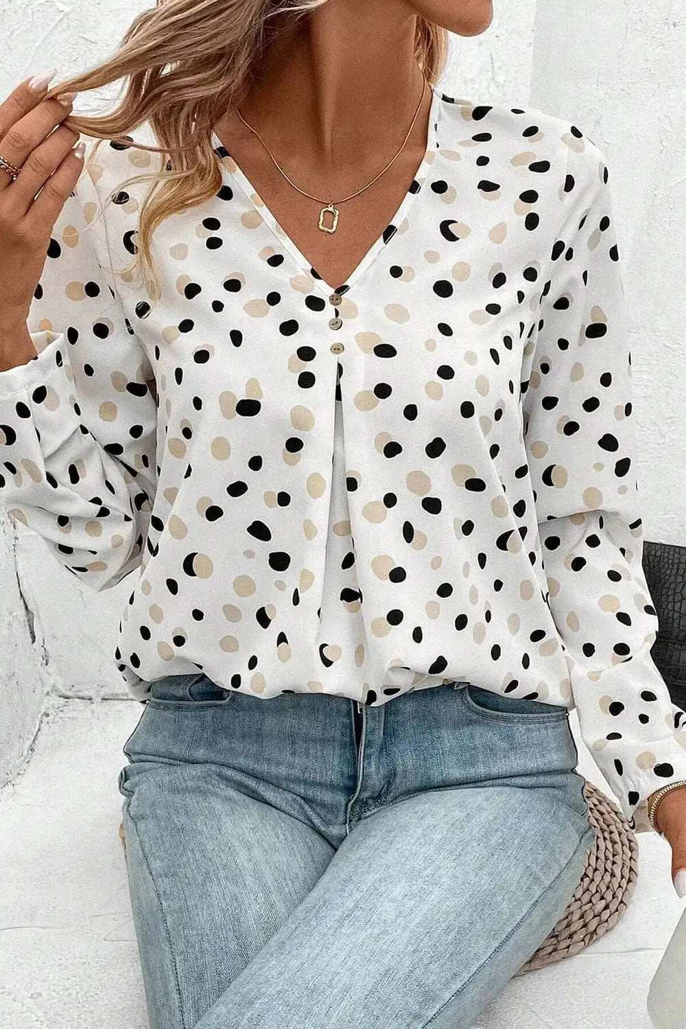 Printed V-Neck Long Sleeve Blouse - Trendsi - Flyclothing LLC