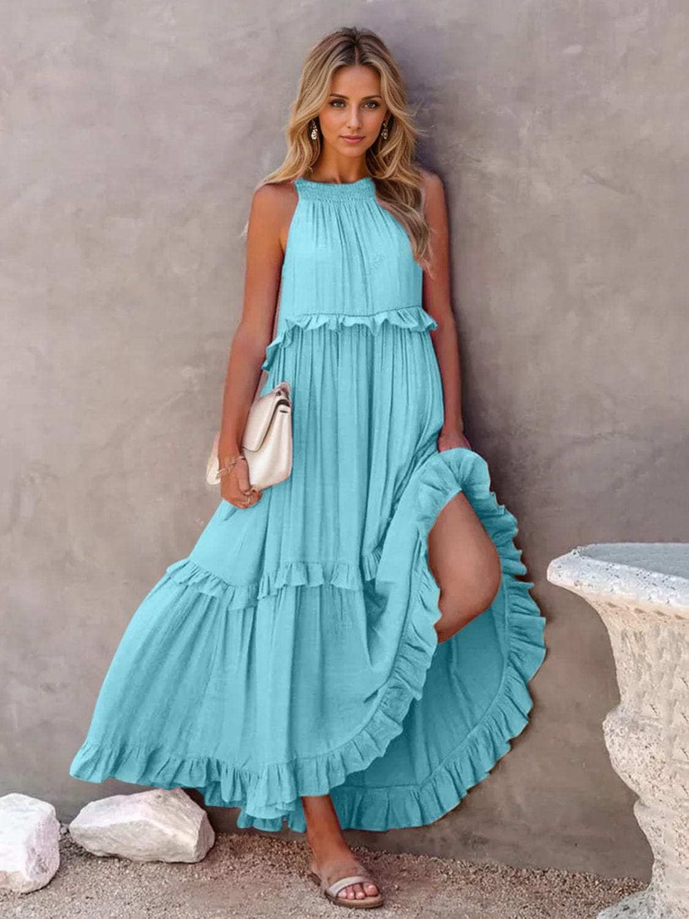 Ruffled Sleeveless Tiered Maxi Dress with Pockets - Trendsi - Flyclothing LLC