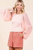 Mittoshop Mixed Media Textured Knit Chiffon Long Sleeve Top - Trendsi - Flyclothing LLC
