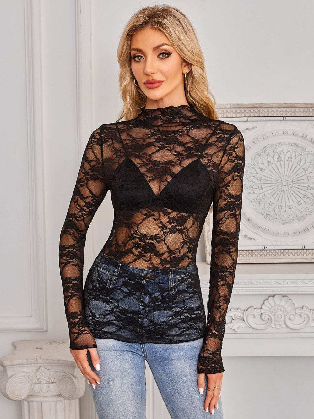 Mock Neck Long Sleeve Lace Sheer Top - Trendsi - Flyclothing LLC
