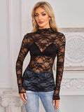 Mock Neck Long Sleeve Lace Sheer Top - Trendsi - Flyclothing LLC