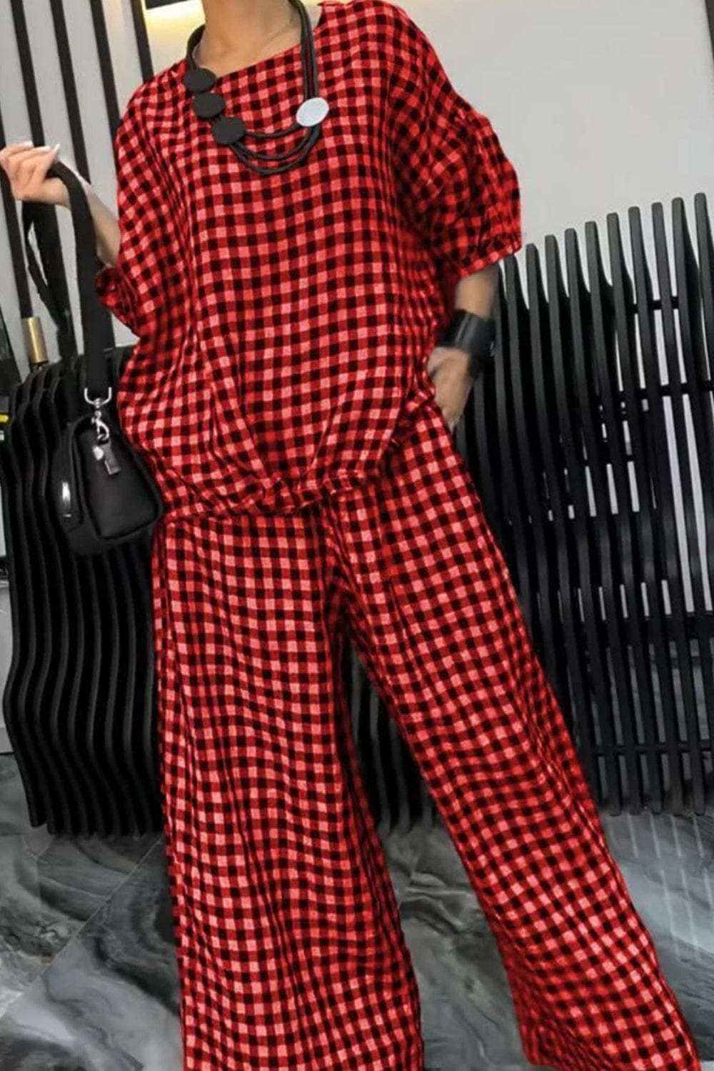 Full Size Plaid Round Neck Half Sleeve Top and Pants Set - Trendsi - Flyclothing LLC