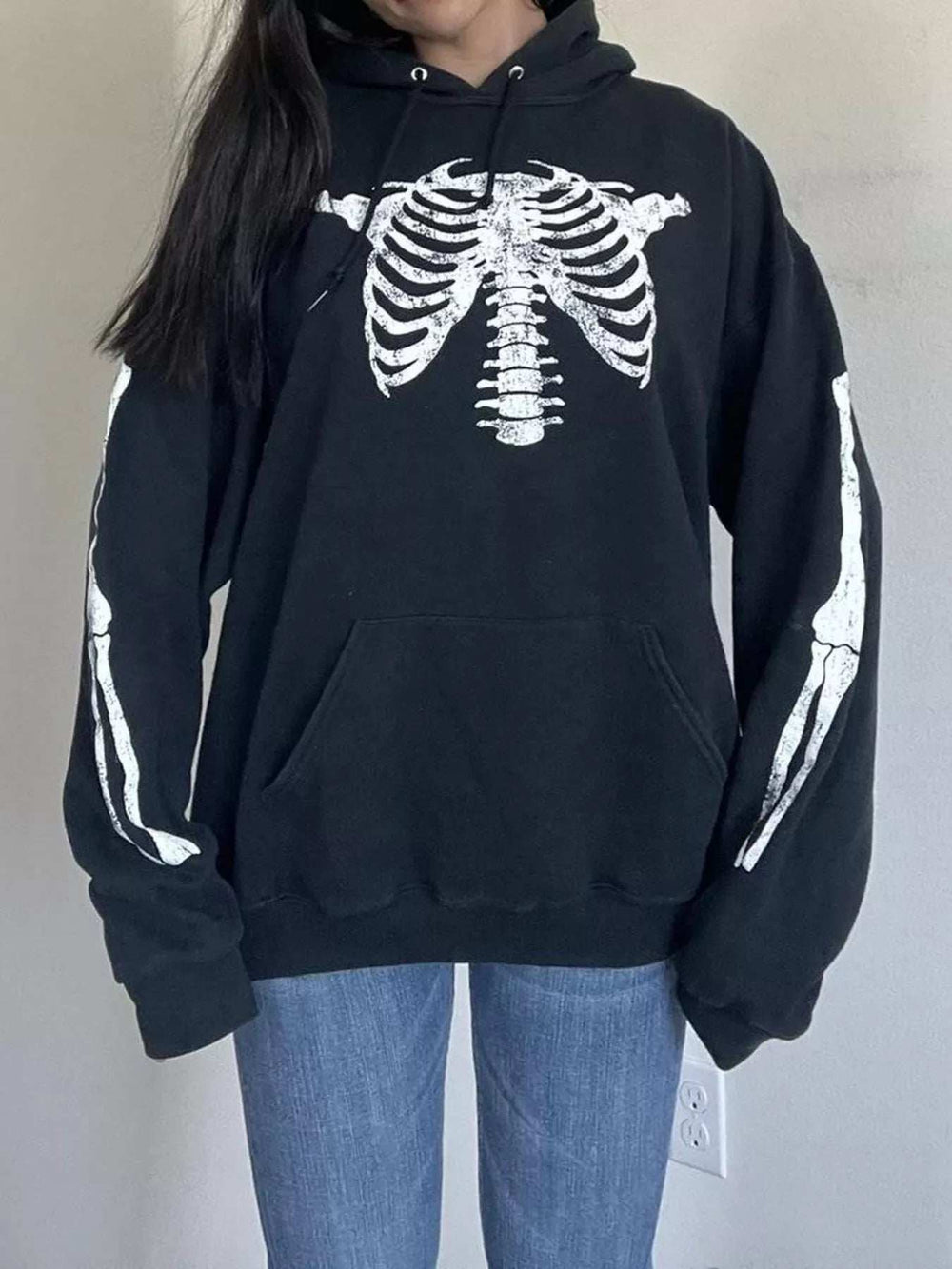 Drawstring Skeleton Long Sleeve Hoodie - Trendsi - Flyclothing LLC