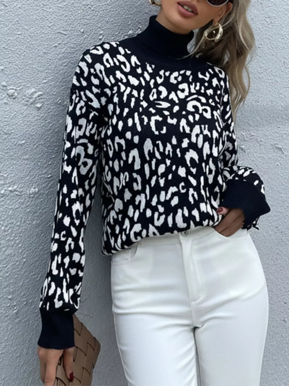 Leopard High Neck Pullover Sweater - Trendsi - Flyclothing LLC