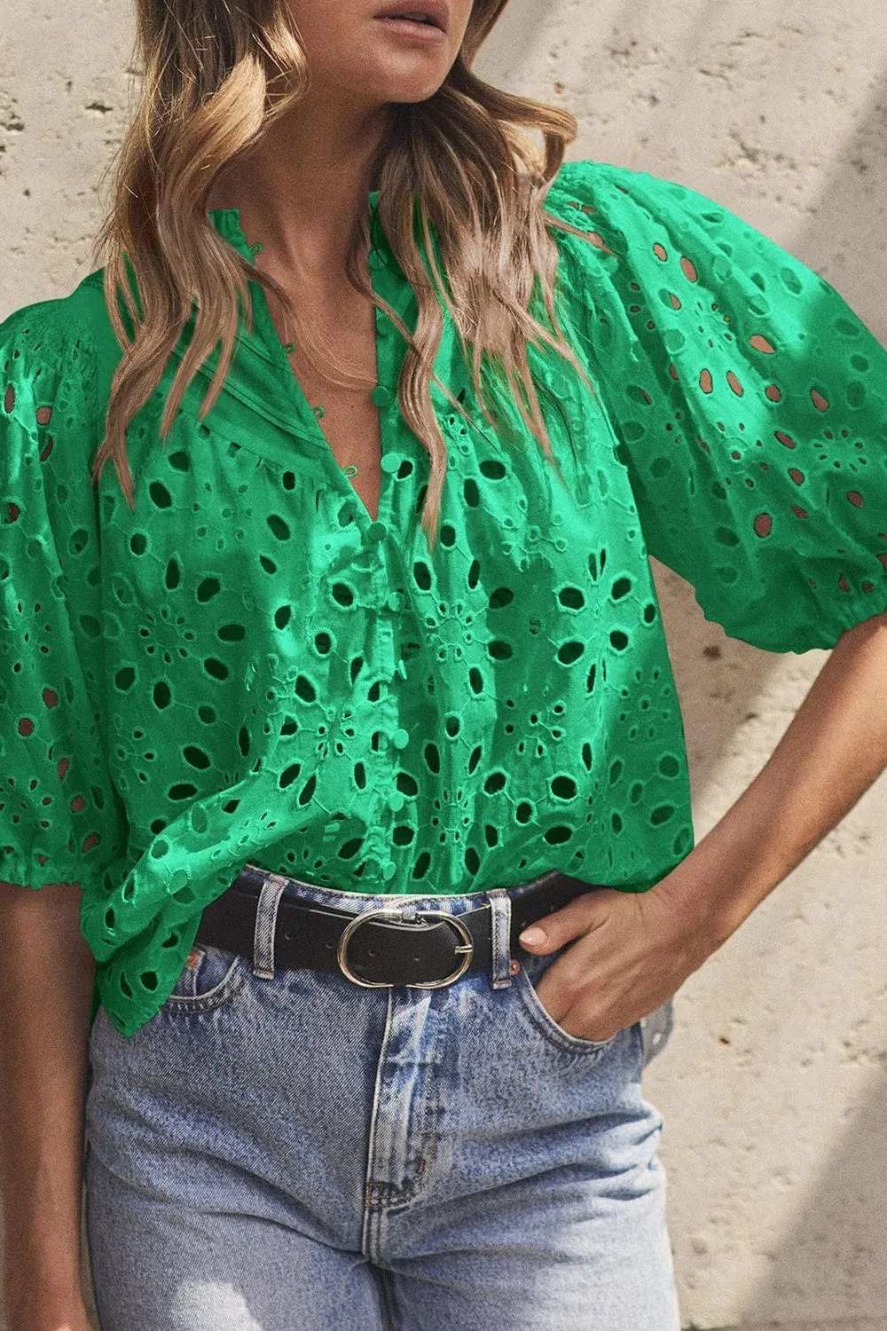 Eyelet Button Up Half Sleeve Blouse - Trendsi - Flyclothing LLC