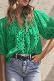 Eyelet Button Up Half Sleeve Blouse - Trendsi - Flyclothing LLC