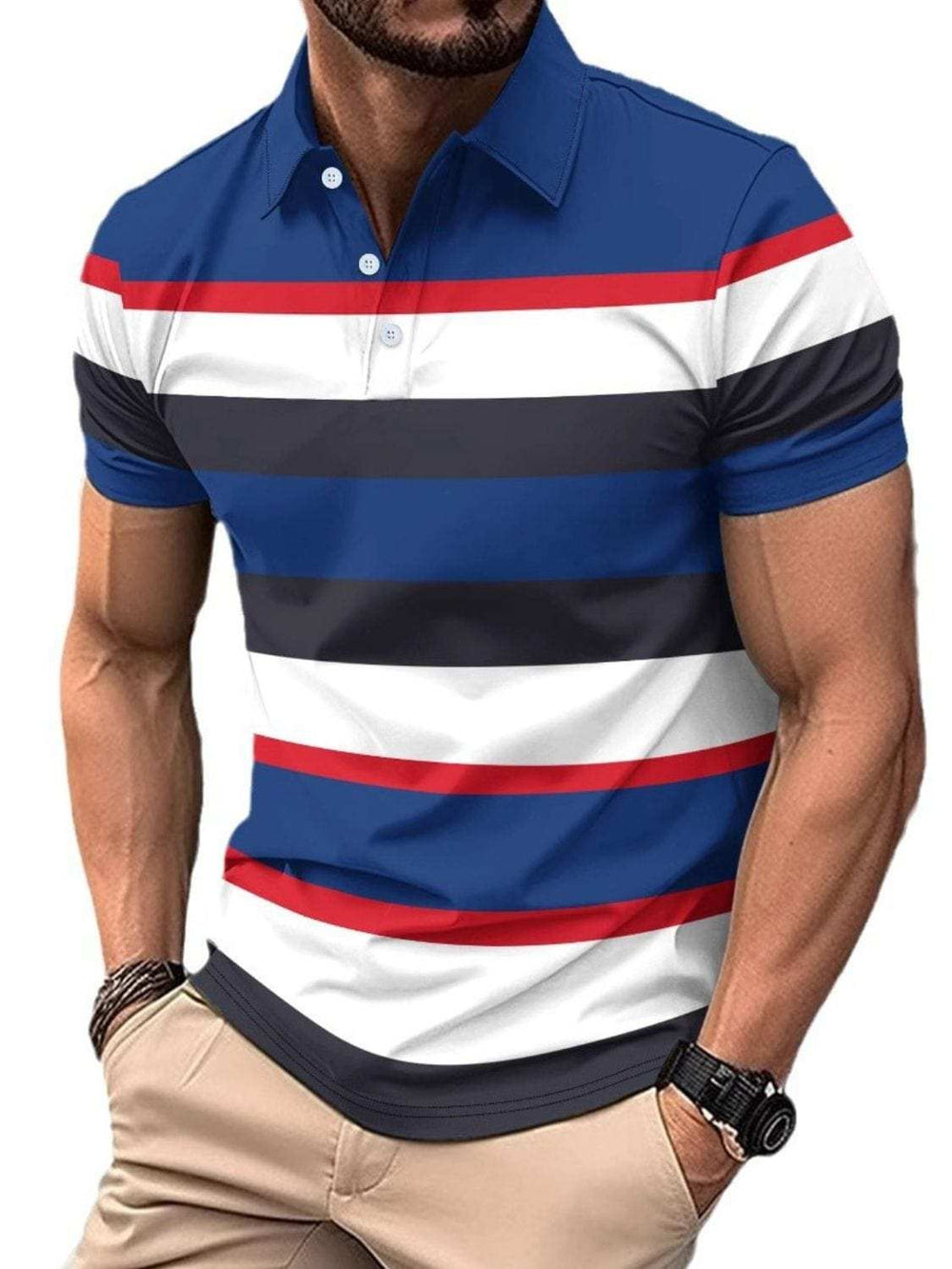 Men's Full Size Collared Short Sleeve Striped Polo Plus Size - Trendsi - Flyclothing LLC